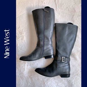 Nine West Dark Gray Wide Calf Leather Boots Low Heel sz9 EUC